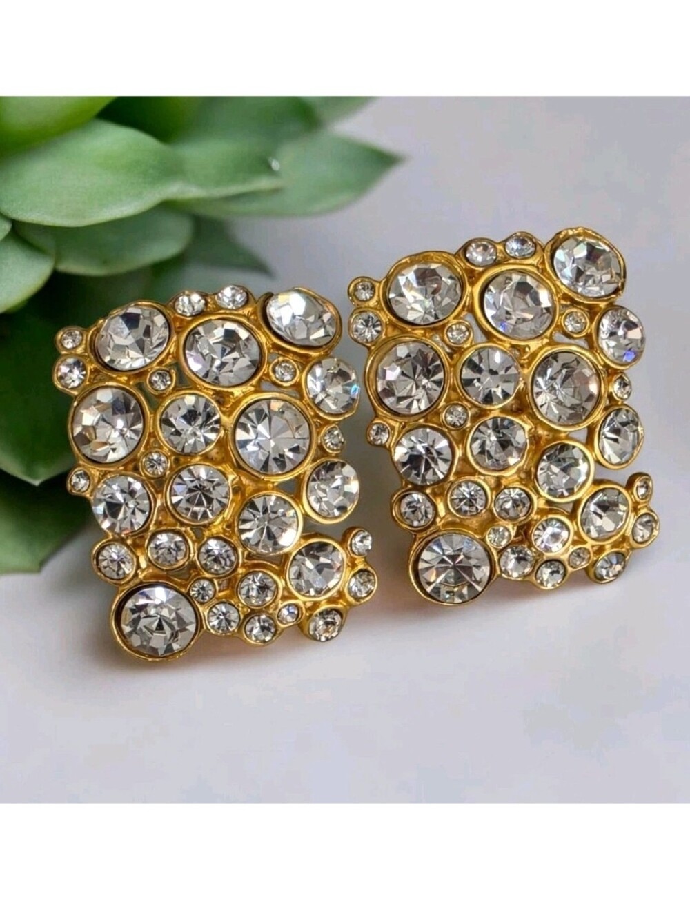 Vintage 80s Signed Blanca Oversized Chunky Runway Clear Crystal Clip On Earrings